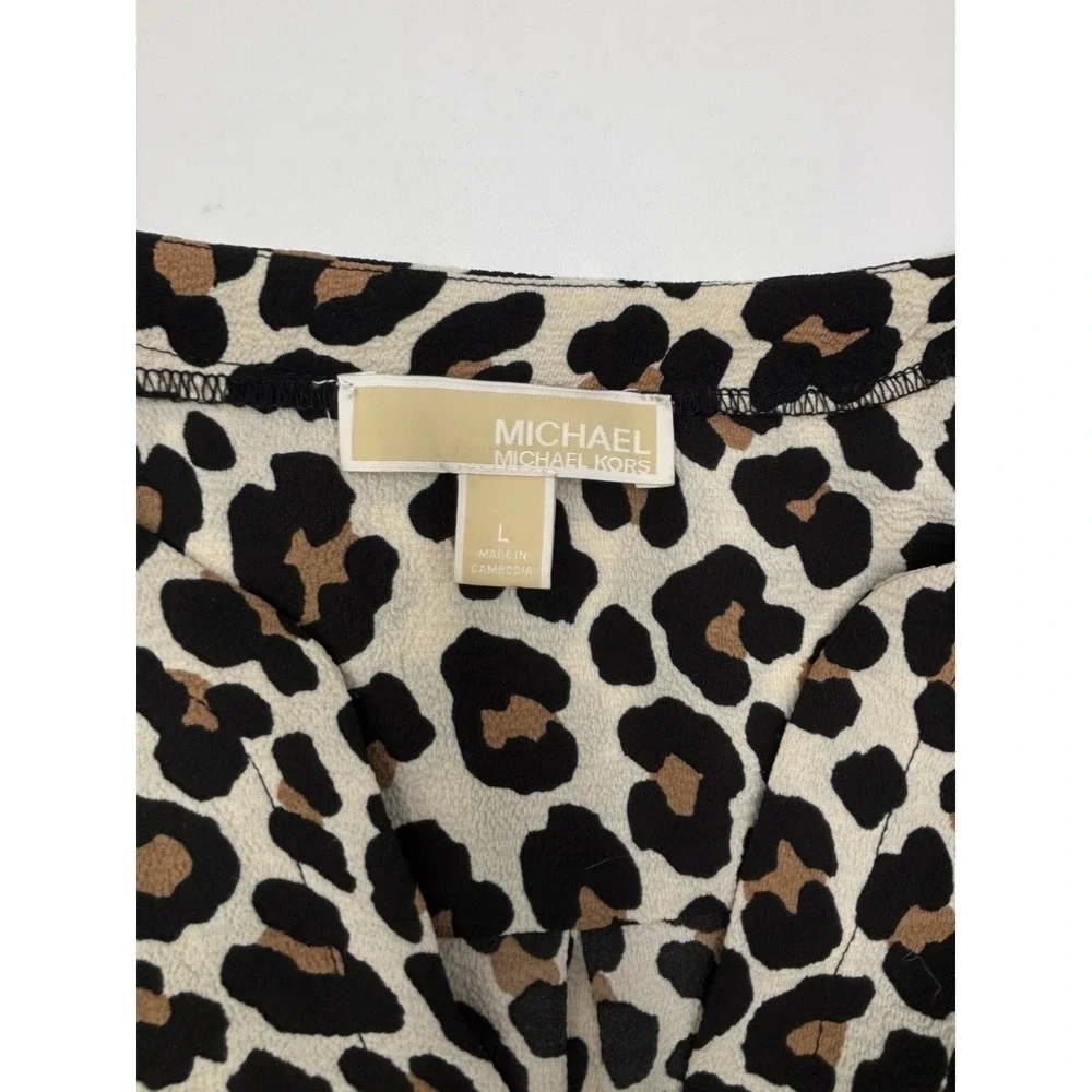 Michael Kors Leopard Print Peasant Blouse Womens Large Tie Sleeve Animal Print